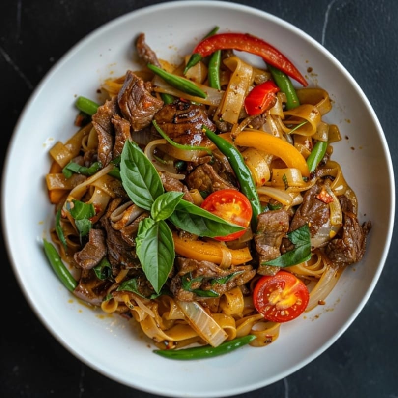 Thai Kitchen's Pad See Ew with beef, wide noodles, bell peppers, green beans, and basil.