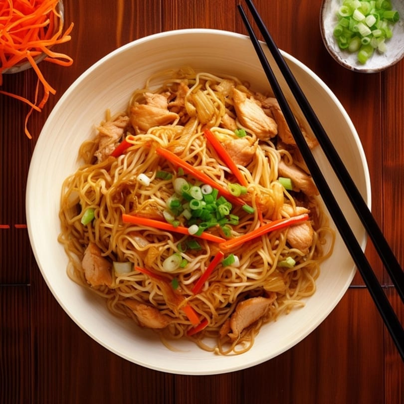 Thai Kitchen's chicken lo mein with carrots, green onions, and chopsticks on a wooden table.