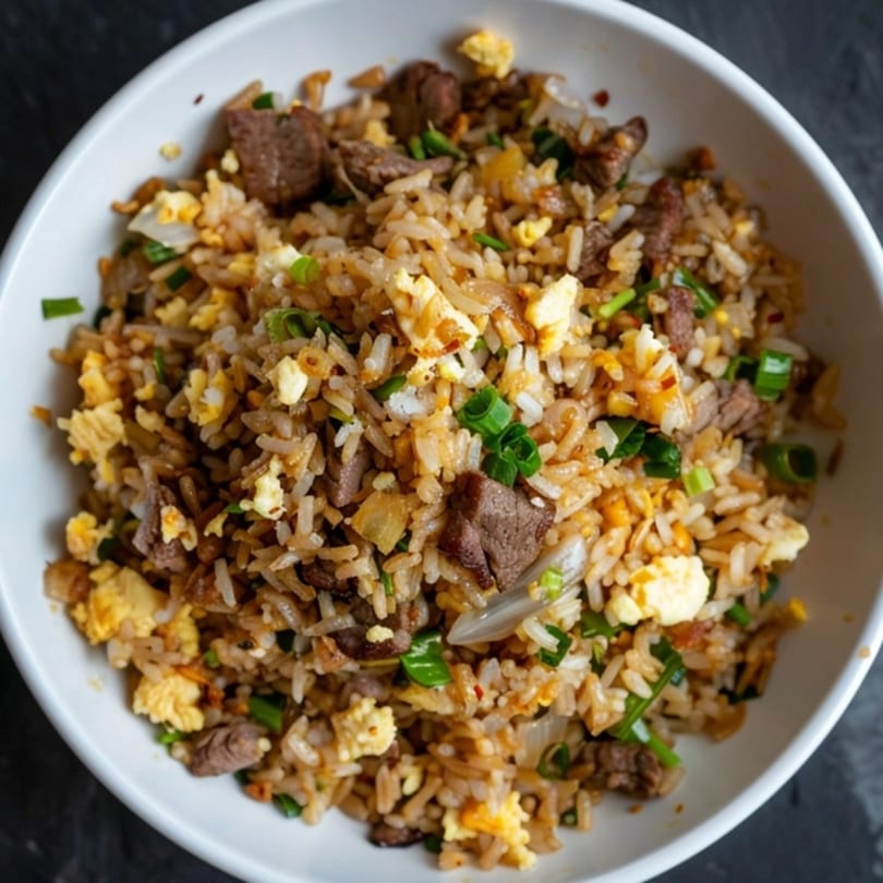 Close-up of Thai Kitchen's beef fried rice with scrambled egg, onions, and green onions.