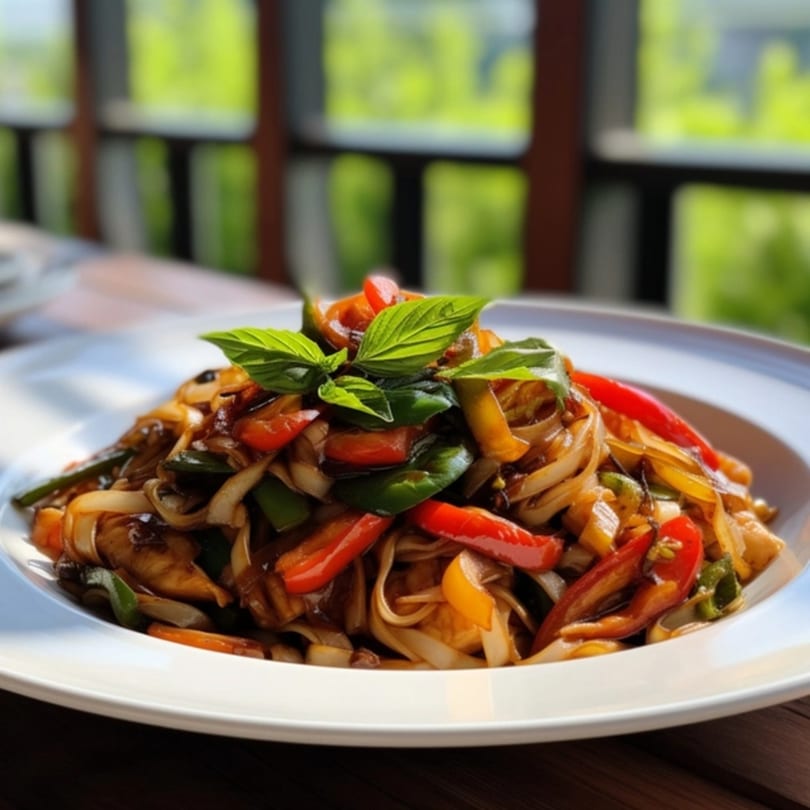 A vibrant plate of Thai stir-fried noodles with colorful vegetables and fresh basil, set outdoors.