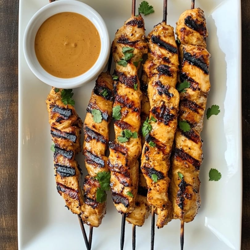 Grilled chicken satay skewers with cilantro garnish and a side of peanut dipping sauce.